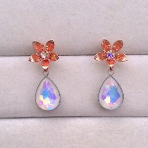 Iridescent White Aurora Borealis + Rose Gold Crystal Flower Drop Earrings